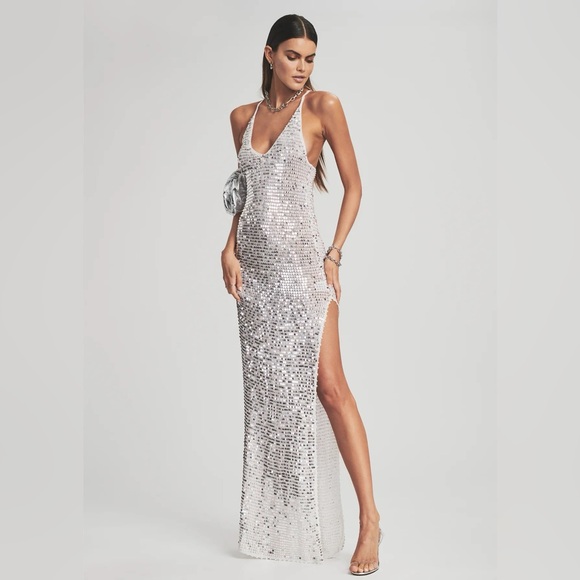 Retrofete Marie Sequin Crochet Maxi Dress Silver size M/L - Picture 5 of 14